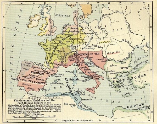 Európa térképe a Római birodalom bukása után (Kék: Vandál királyság, Zöld: Bizánci császárság - Kelet-Római birodalom)