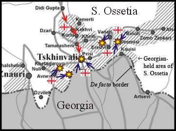 A 2008. augusztus 8-i csapatmozgások. A kék nyilak a grúz, a vörös nyilak az orosz alakulatok mozgását mutatják.