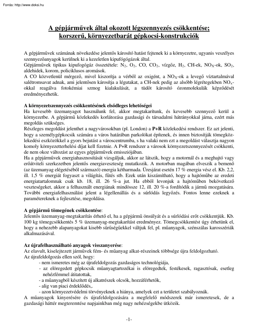A gépjárművek által okozott légszennyezés csökkentése, korszerű környezetbarát