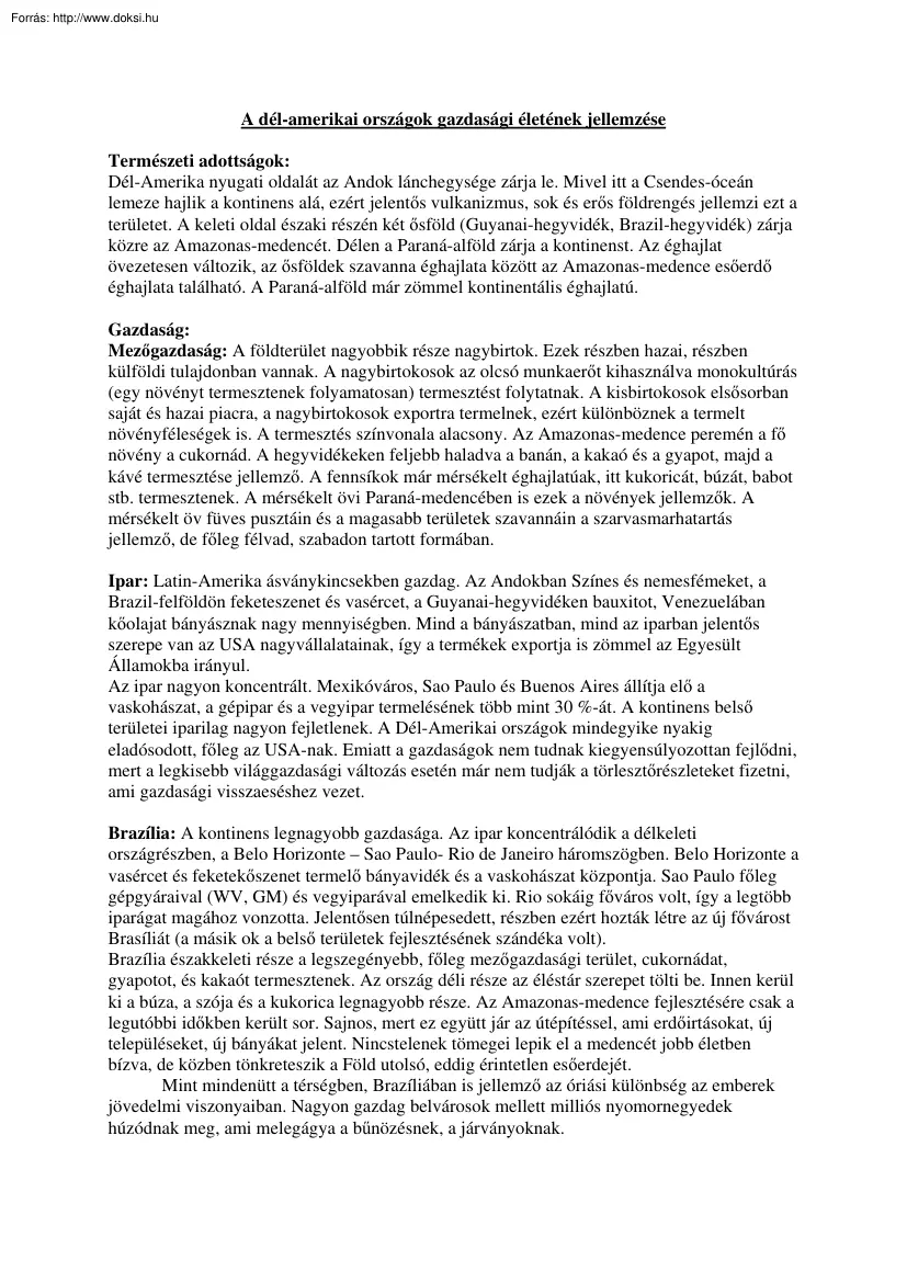A dél-amerikai országok gazdasági életének jellemzése