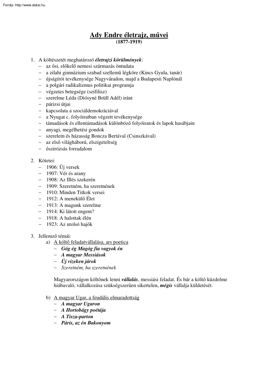 Ady Endre életrajz, művei