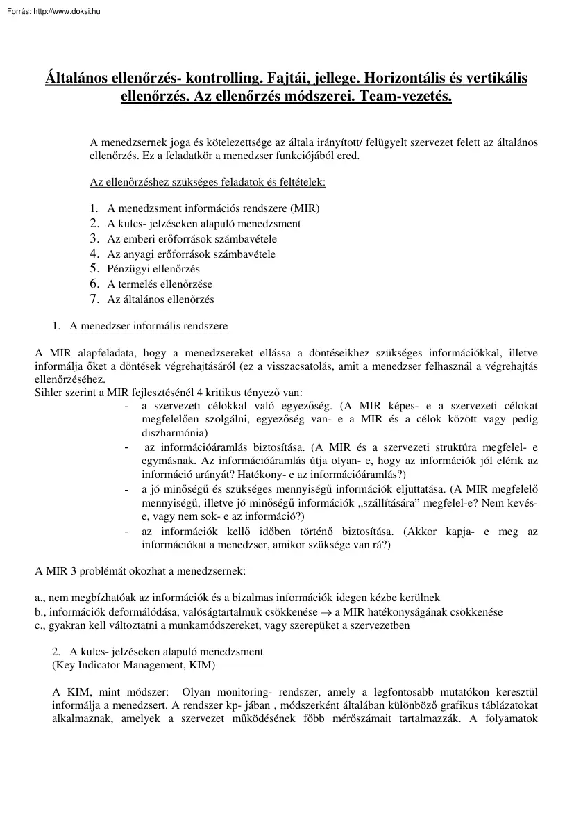 Általános ellenőrzés- kontrolling, horizontális és vertikális ellenőrzés