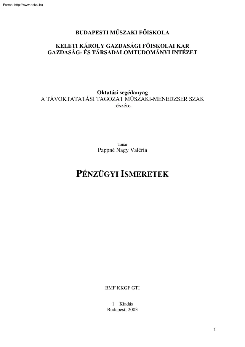 Pappné Nagy Valéria - Pénzügyi ismeretek oktatási segédanyag
