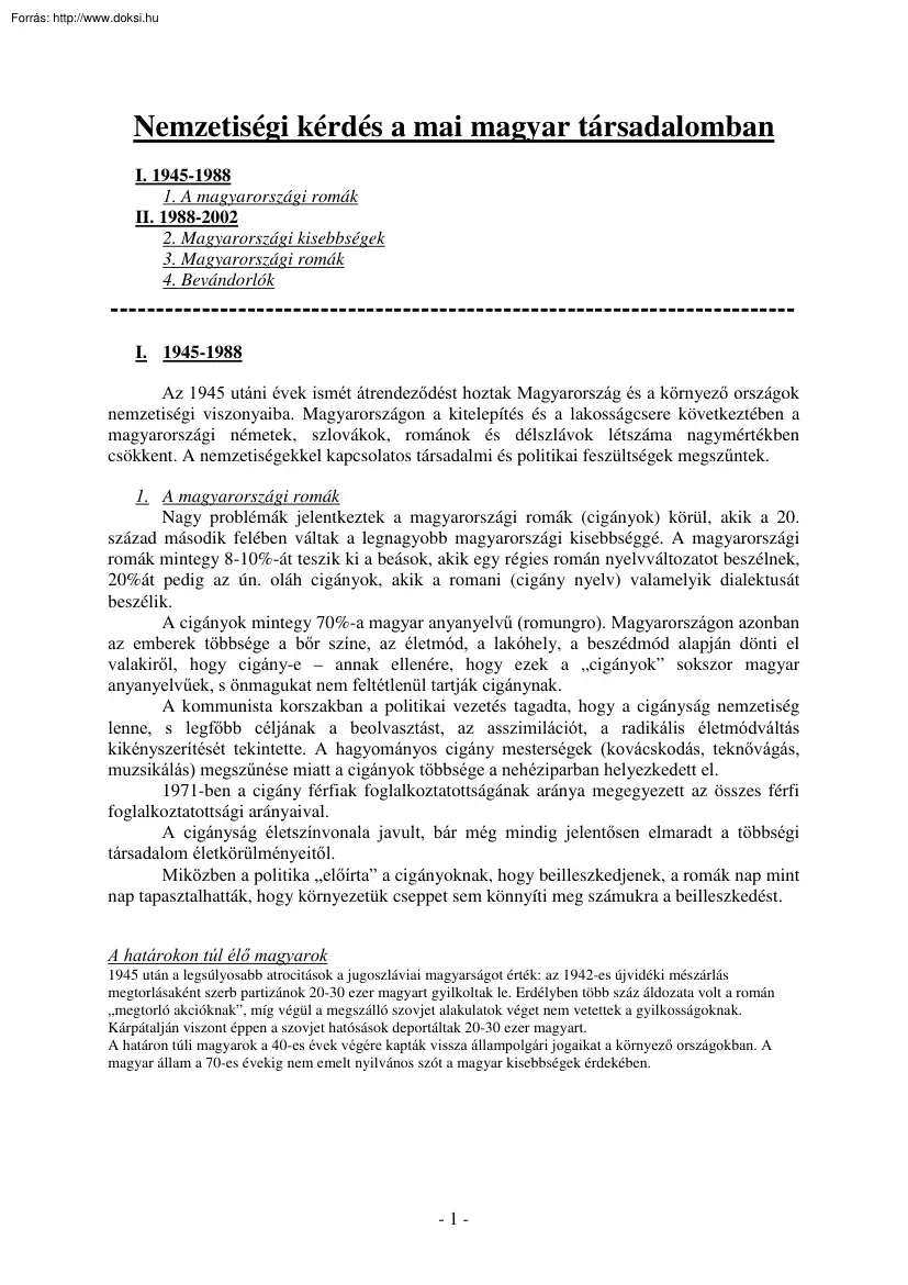 Bors Mónika - Nemzetiségi kérdés a mai magyar társadalomban