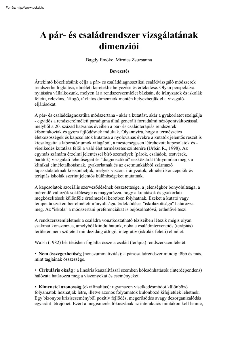 Bagdy-Mirnics - A pár és családrendszer vizsgálatának dimenziói