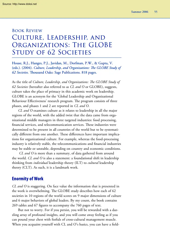Culture, Leadership and Organizations, The Globe Study of 62 Societies