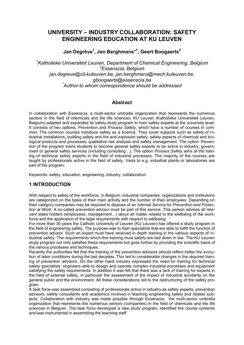 Degréve-Berghmans-Boogaerts - Safety Engineering Education At Ku Leuven