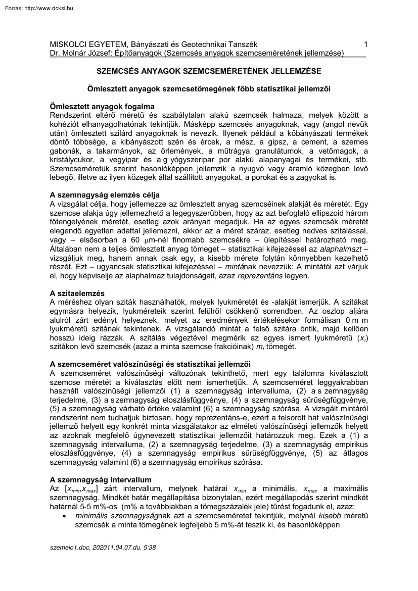 Dr. Molnár József - Szemcsés anyagok szemcseméretének jellemzése