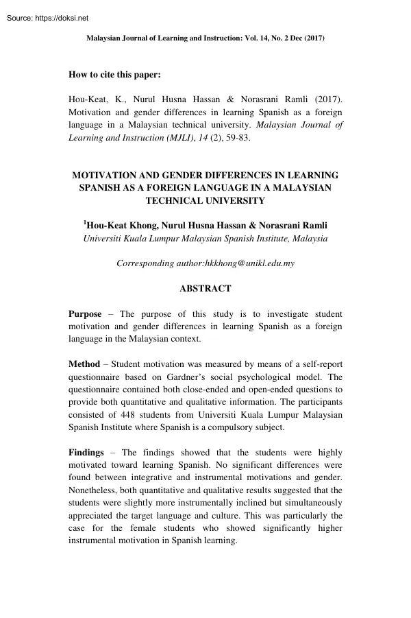 Motivation and Gender Differences in Learning Spanish as a Foreign Language in a Malaysian