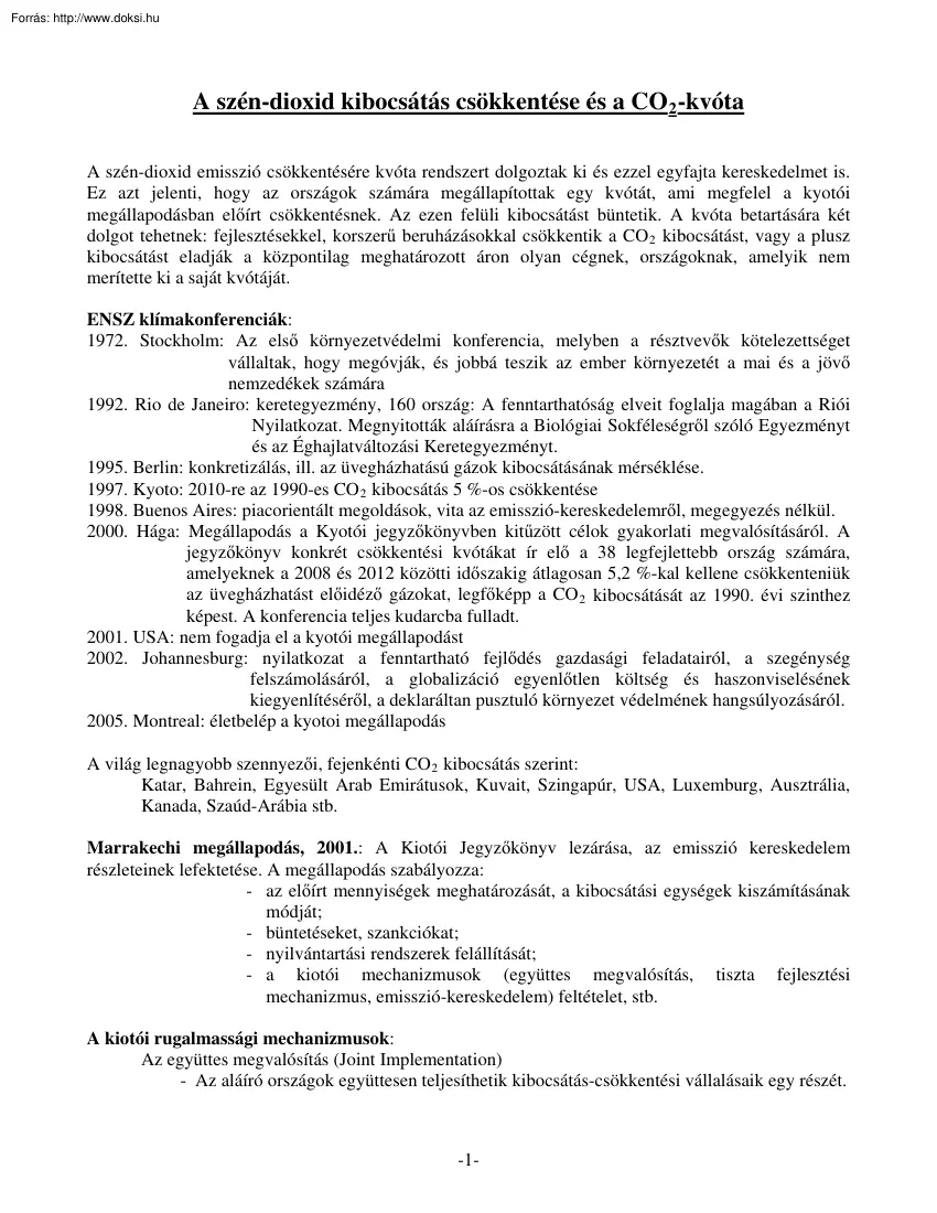 A szén-dioxid kibocsátás csökkentése és a CO2-kvóta