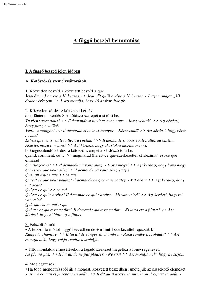 A függő beszéd bemutatása
