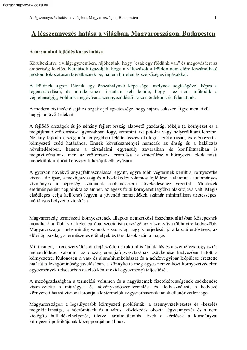 A légszennyezés hatása a világban, Magyarországon, Budapesten