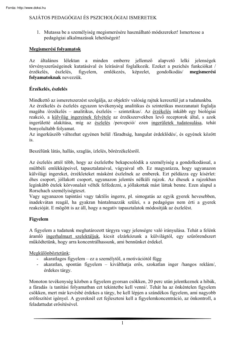Sajátos pedagógiai és pszichológiai ismeretek