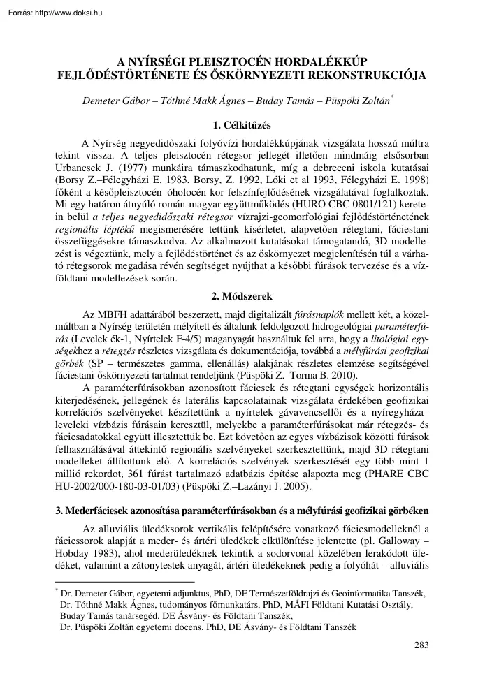 Demeter-Tóthné Makk Ágnes - A nyírségi pleisztocén hordalékkúp fejlődéstörténete és