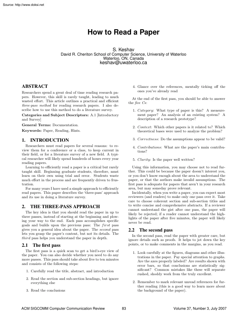 S. Keshav - How to Read a Paper