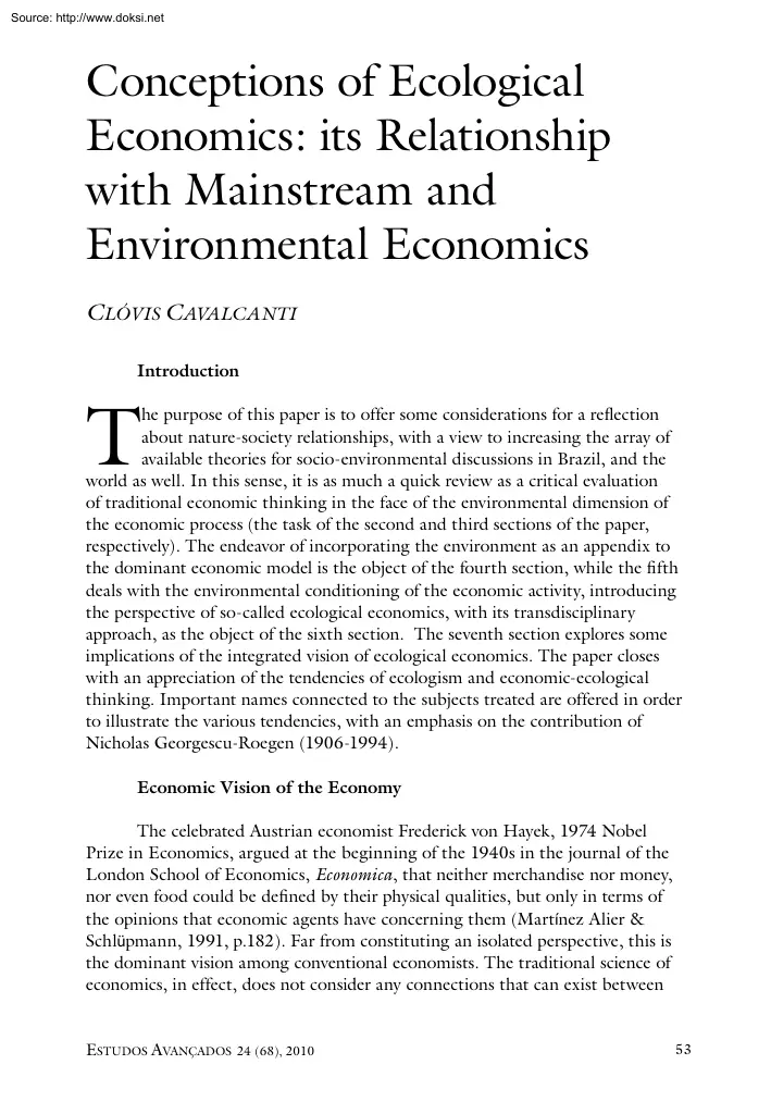 Clovis Cavalcanti - Conceptions of Ecological Economics, Its Relationship with Mainstream and
