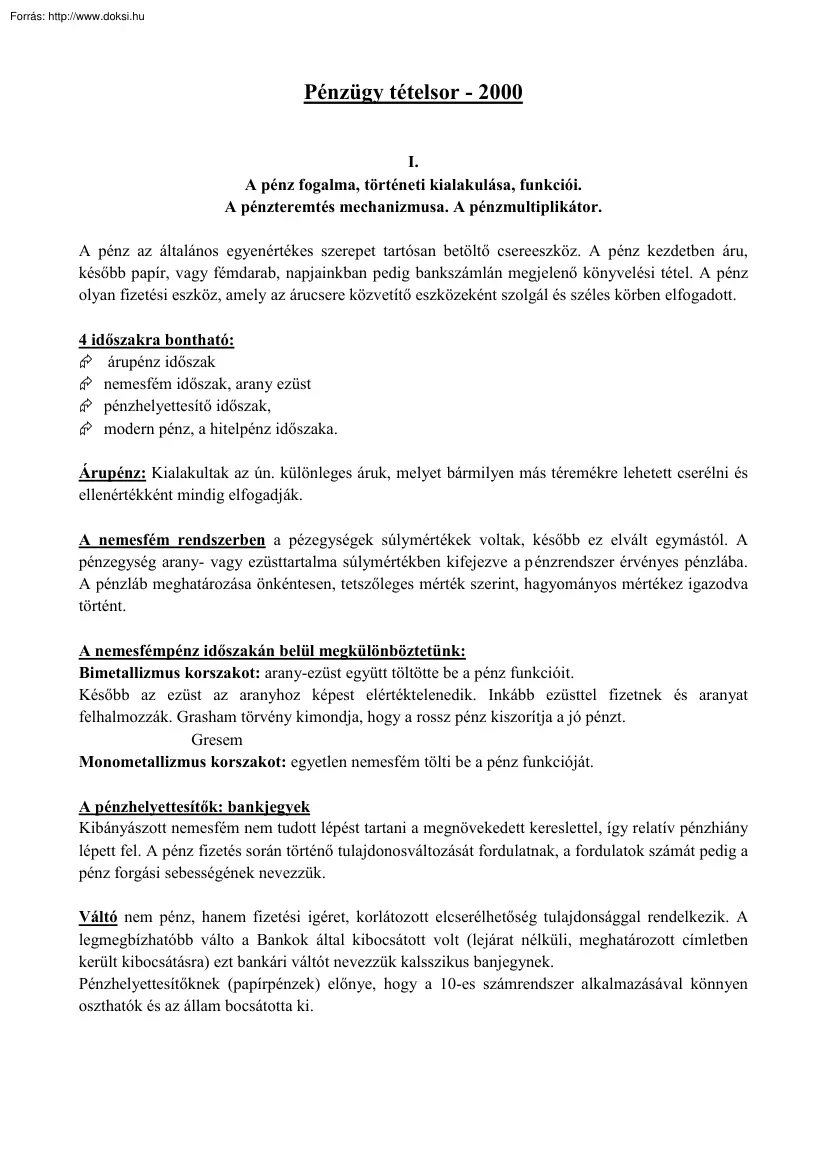 Pénzügy tételek, 2000