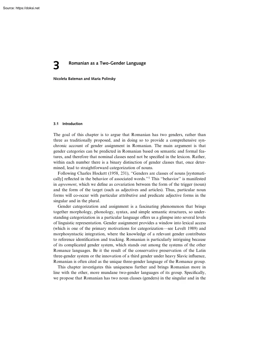 Bateman-Polinsky - Romanian as a Two-Gender Language