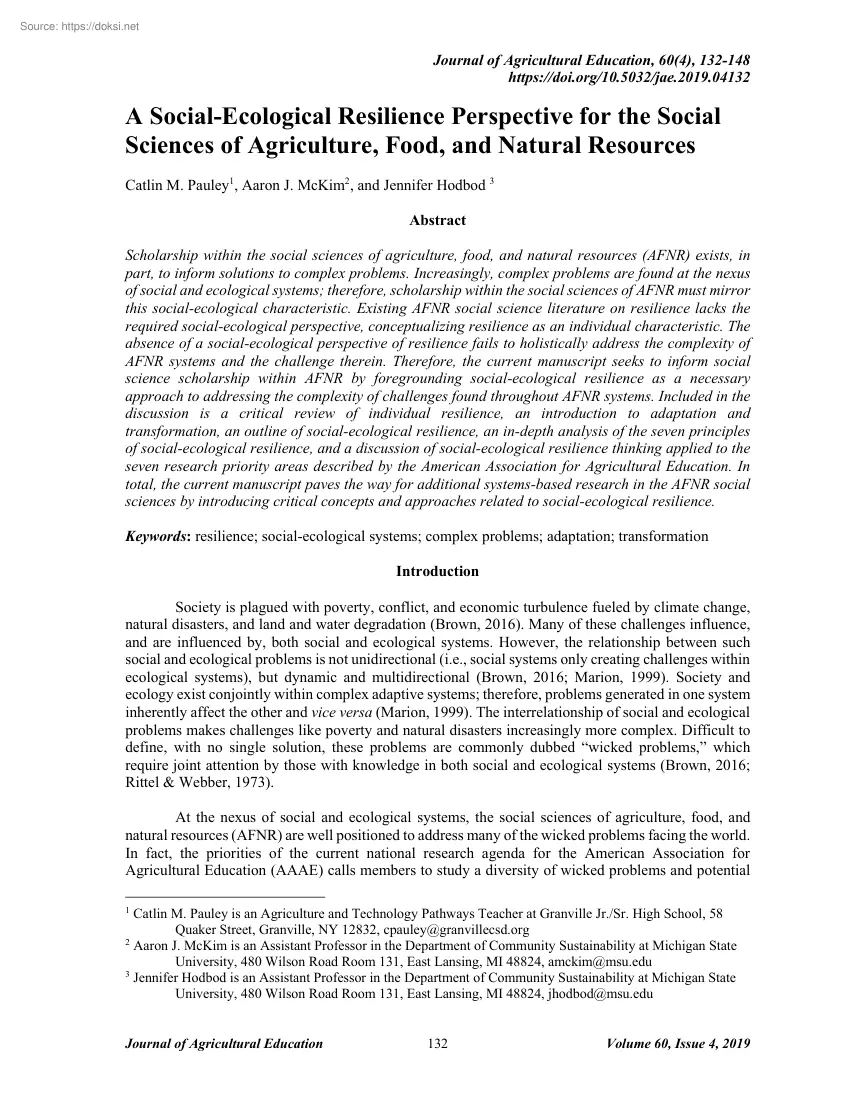 A Social-Ecological Resilience Perspective for the Social Sciences of Agriculture, Food, and