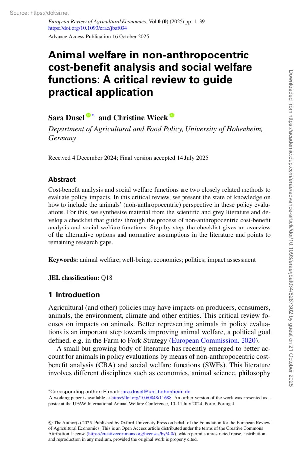 Animal welfare in non-anthropocentric cost-benefit analysis and social welfarefunctions, A critical