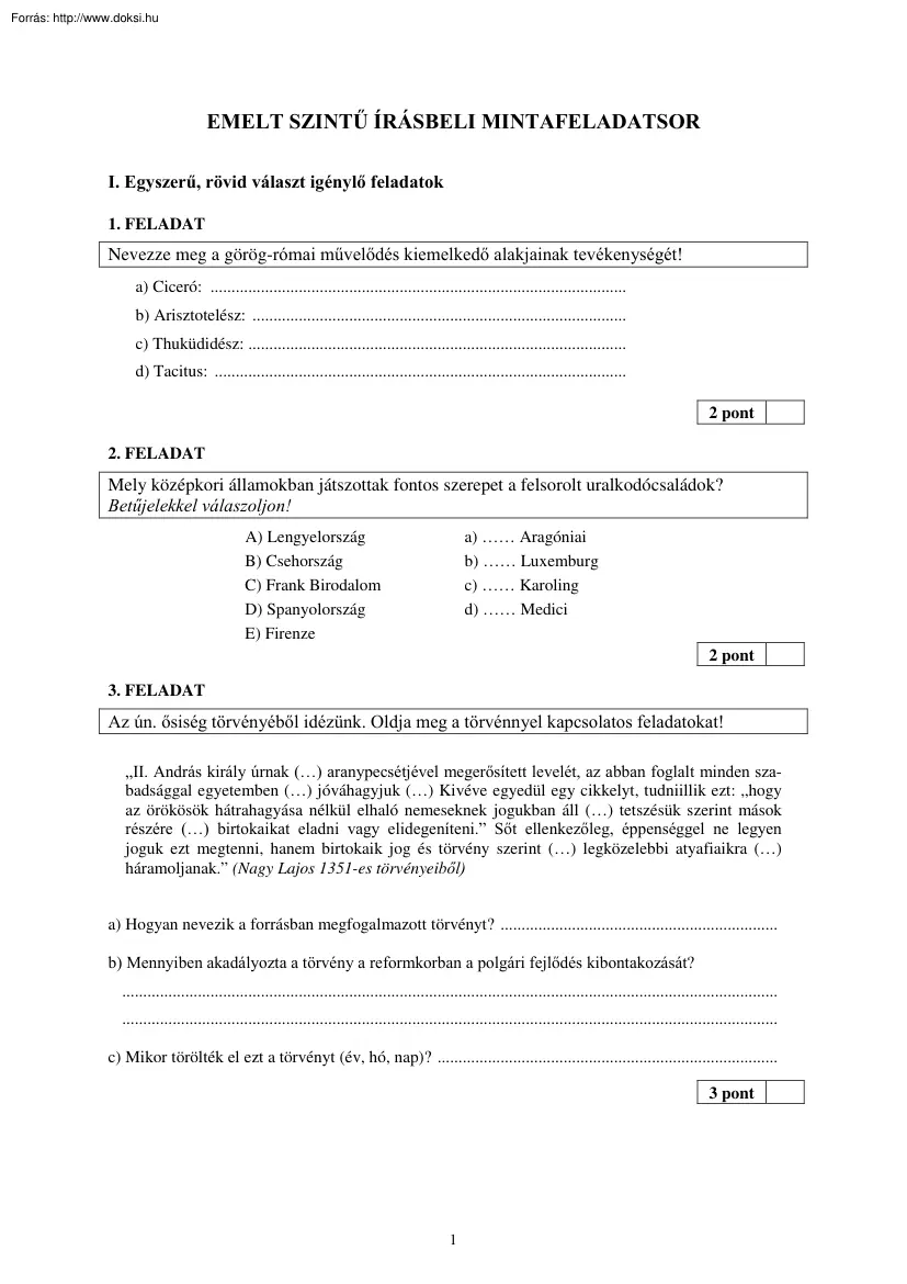 Történelem emelt szintű írásbeli érettségi feladatsor megoldással, 2005