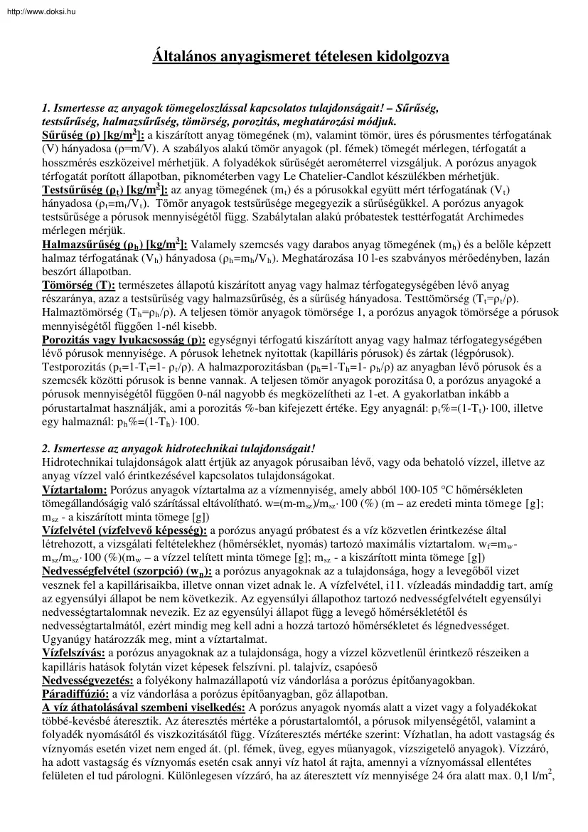 Általános anyagismeret tételesen kidolgozva