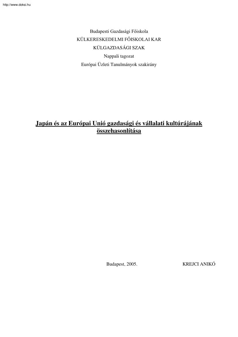 Krejci Anikó - Japán és az Európai Unió gazdasági és vállalati kultúrájának