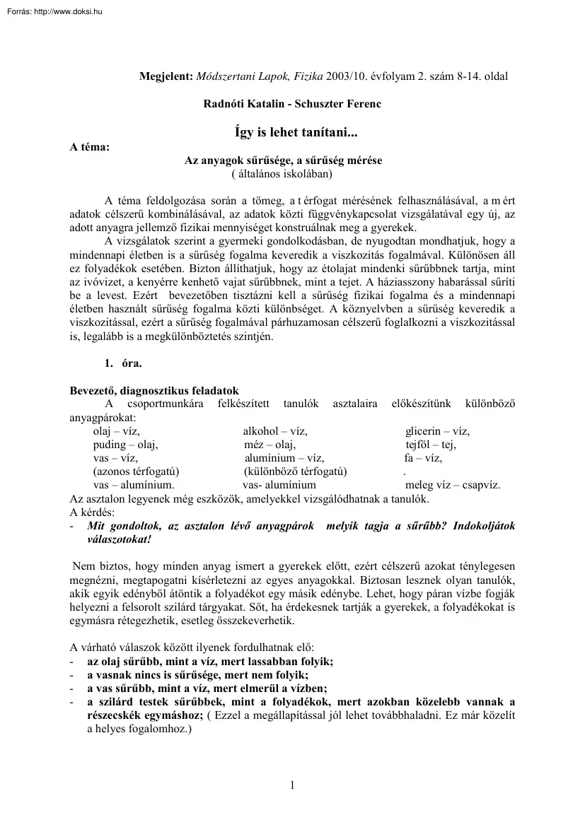 Radnóti-Schuszter - Az anyagok sűrűsége, a sűrűség mérése