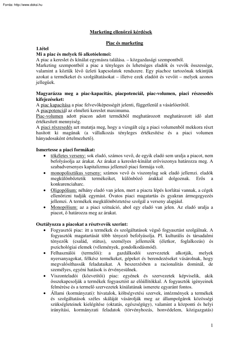 Marketing ellenőrző kérdések