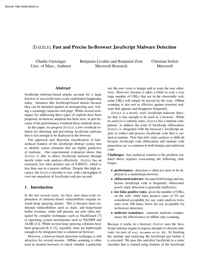 Curtsinger-Livshits-Seifert - Fast and precise in browser JavaScript malware detection