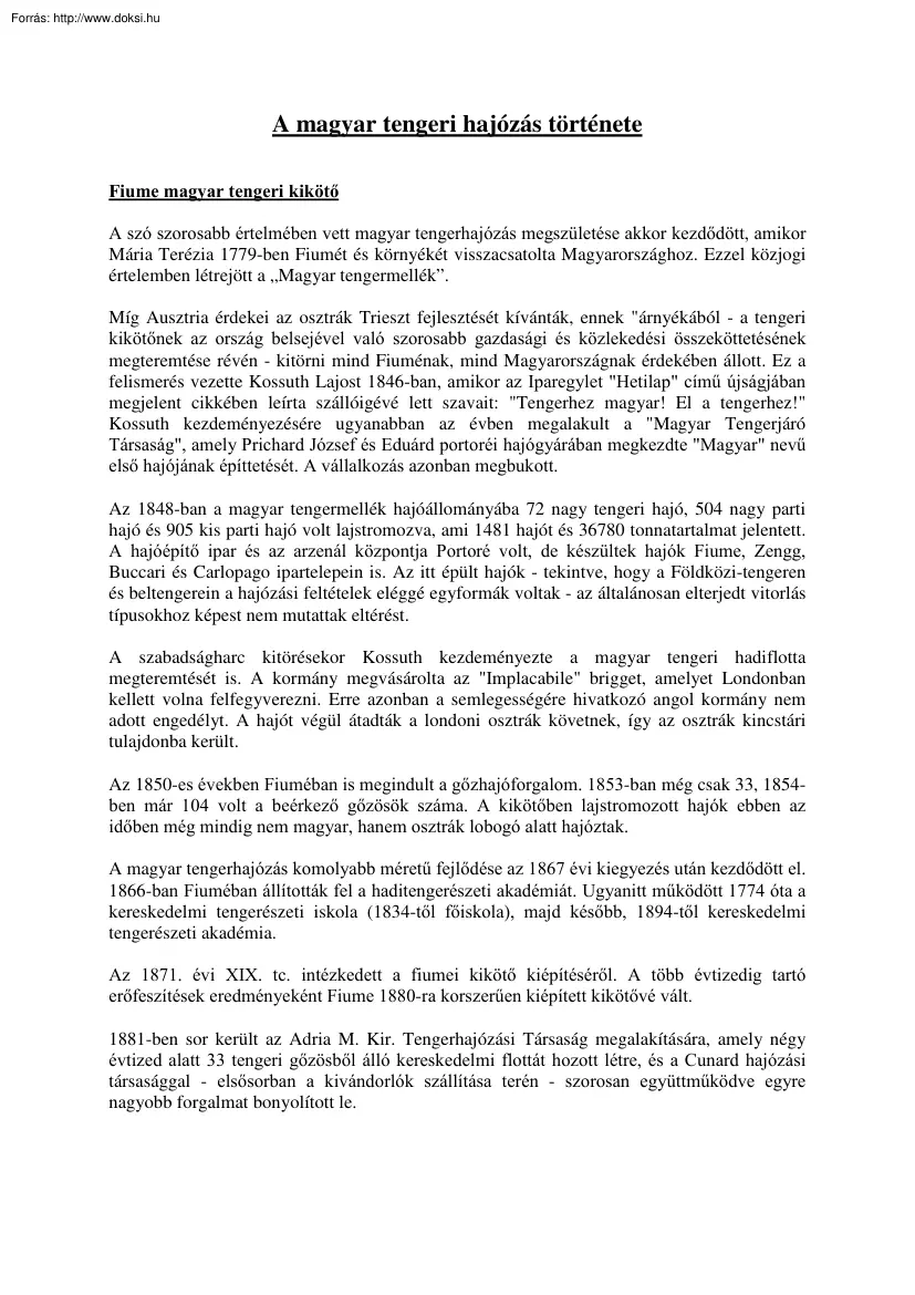 A magyar tengeri hajózás története