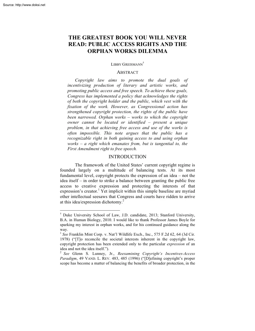 Libby Greismann - The Greatest Book You Will Never Read, Public Access Rights and the Orphan Works