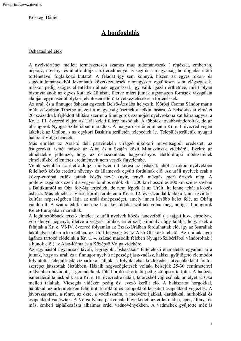 Kőszegi Dániel - A honfoglalás