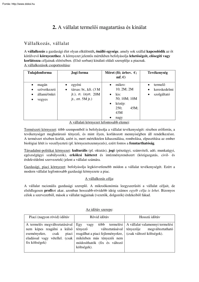 Bánár Ákos - A vállalat termelői magatartása és kínálat