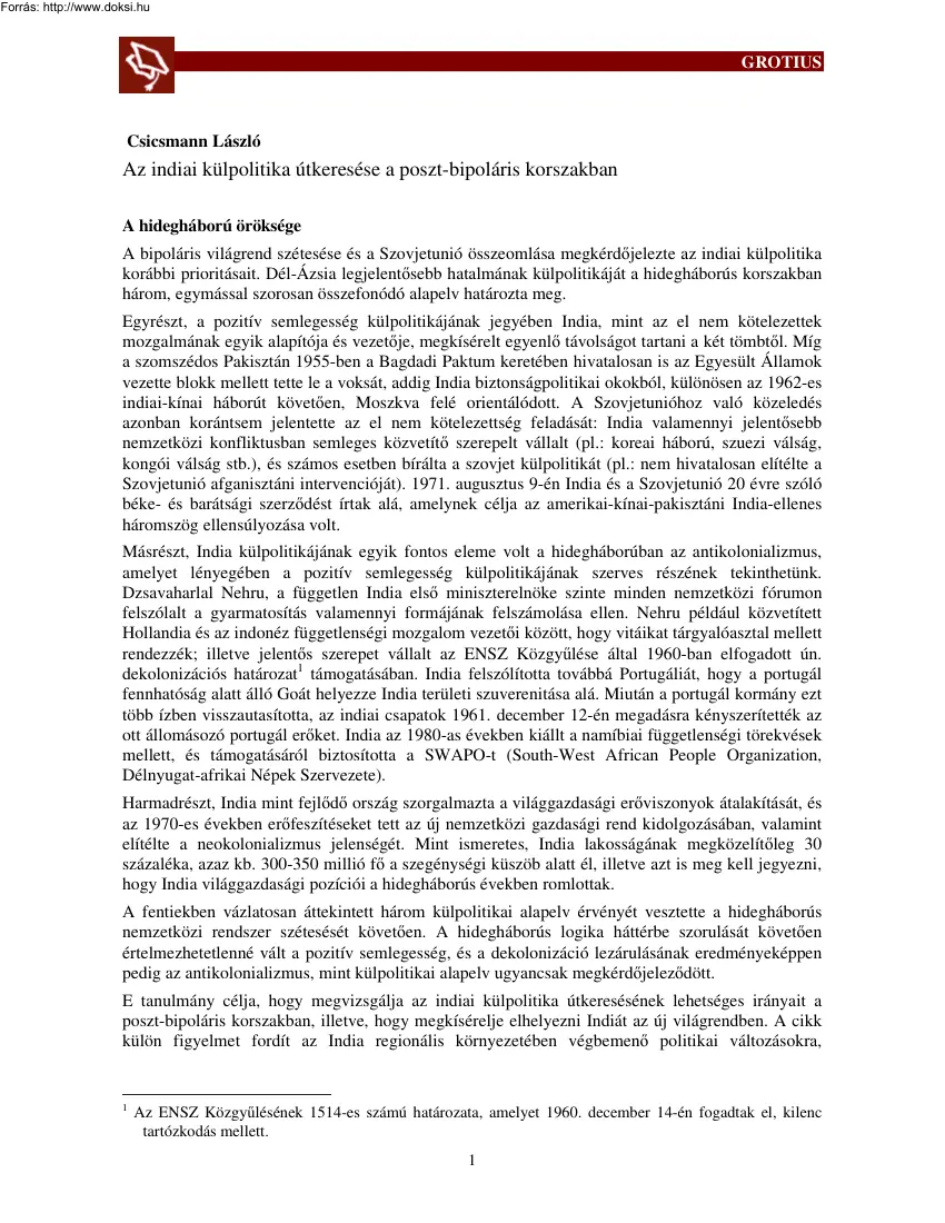 Csicsmann László - Az indiai külpolitika útkeresése a poszt-bipoláris korszakban