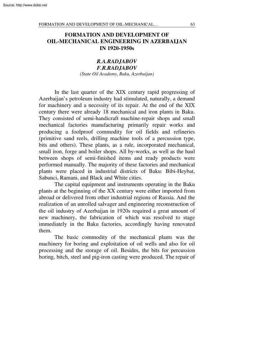 Formation and Development of Oil Mechnical Engineering in Azerbaijan in 1920-1950s