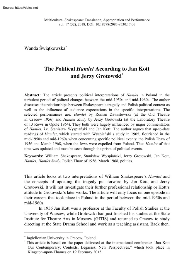 Wanda Swiatkowska - The Political Hamlet According to Jan Kott and Jerzy Grotowski