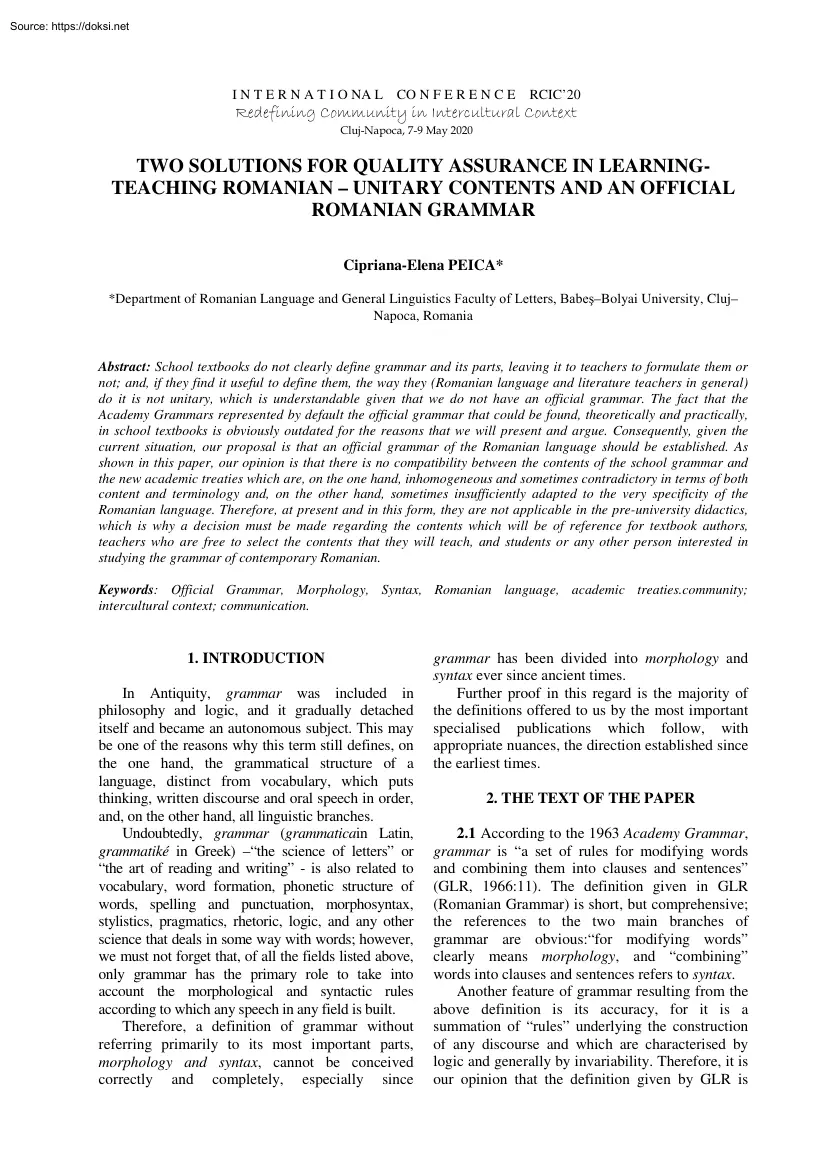 Cipriana-Elena Peica - Two solutions for Quality Assurance in Learning-teaching Romanian, Unitary