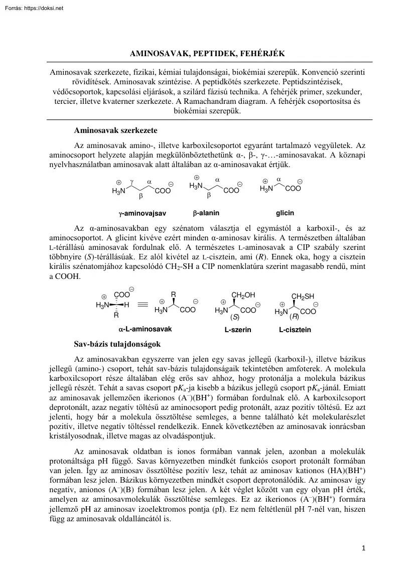 Aminosavak, peptidek, fehérjék