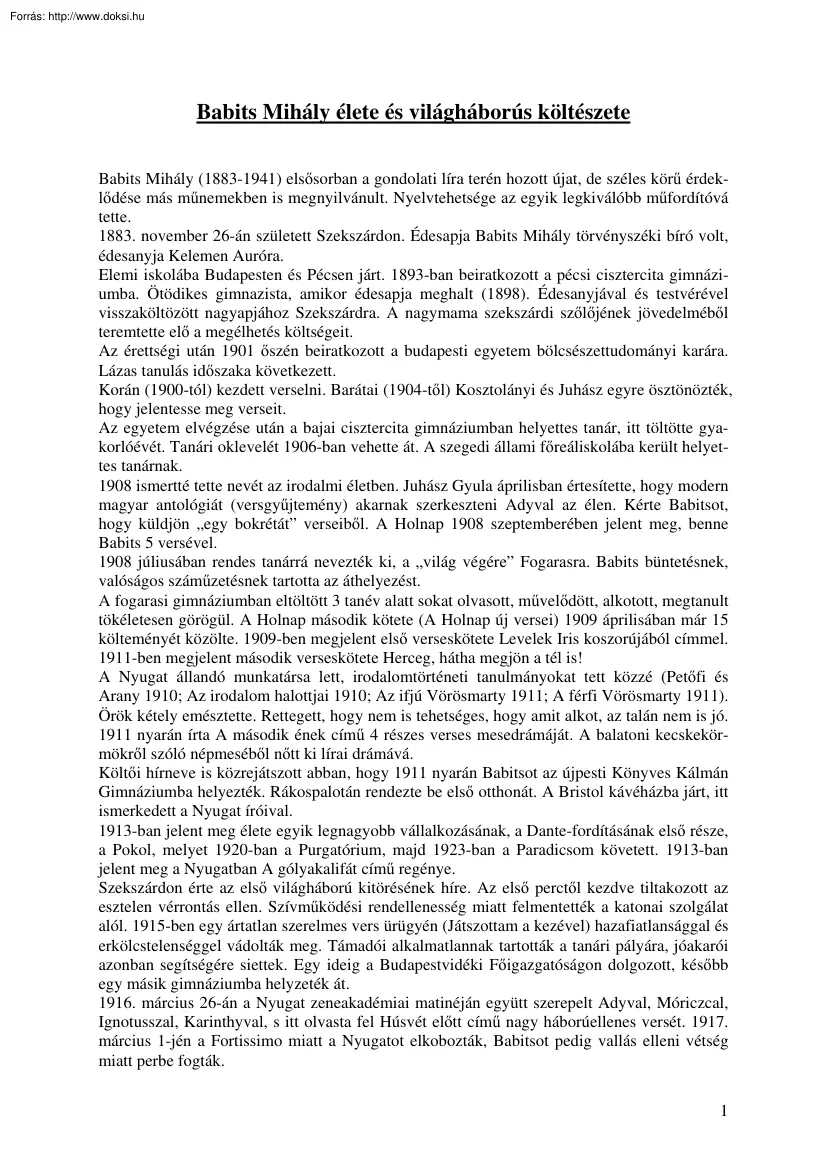 Babits Mihály élete és világháborús költészete