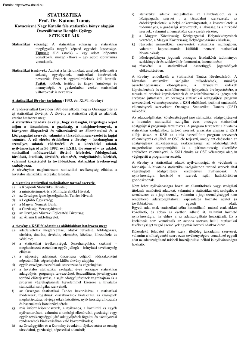 Domján György - Statisztika összefoglaló