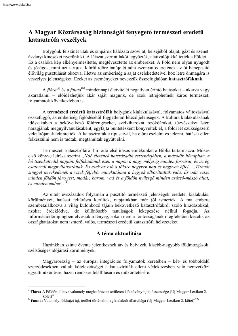 A Magyar Köztársaság biztonságát fenyegető természeti eredetű katasztrófa veszélyek