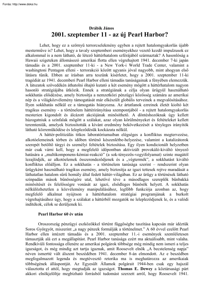 Drábik János - 2001. szeptember 11, az új Pearl Harbor