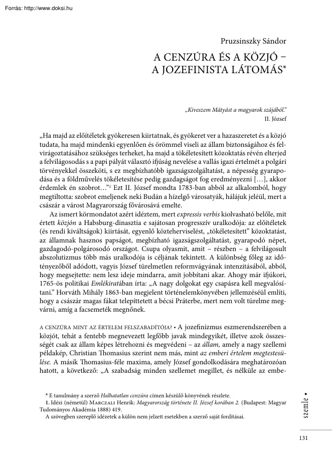 Pruzsinszky Sándor - A cenzúra és a közjó, a jozefinista látomás