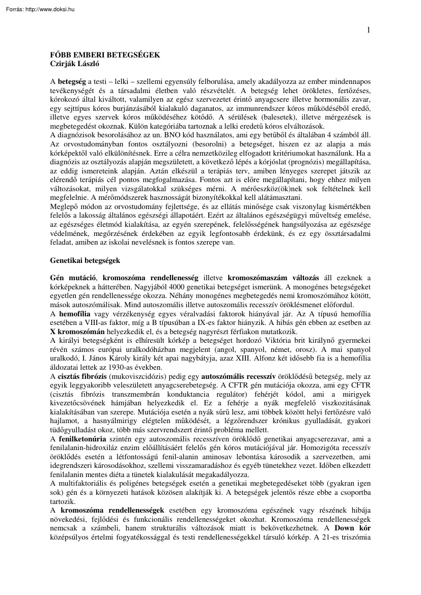 Czirják László - Főbb emberi betegségek
