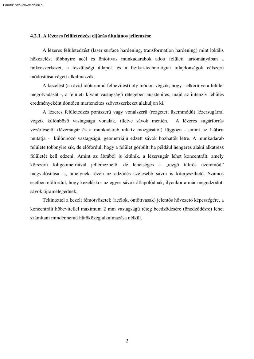 A lézeres felületedzési eljárás általános jellemzése