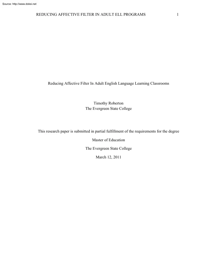 Timothy Roberton - Reducing Affective Filter In Adult English Language Learning Classrooms
