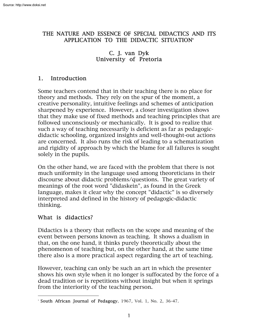 C. J. van Dyk - The Nature and Essence of Special Didactics and its Application to the Didactic
