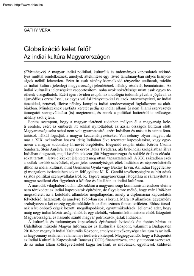Gáthy Vera - Globalizáció kelet felől, az indiai kultúra Magyarországon