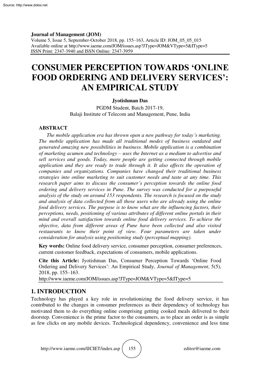 Jyotishman Das - Consumer Perception Towards Online Food Ordering and Delivery Services, An